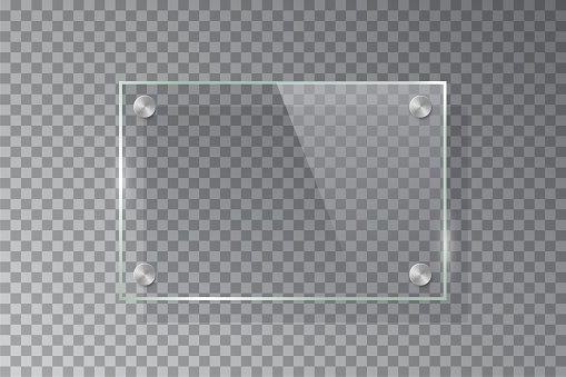 Glass rectangle plate isolated on transparent background. Vector realistic acrylic frame with steel rivets.