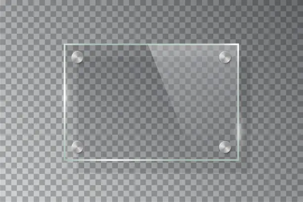 Vector illustration of Glass rectangle plate isolated on transparent background. Vector realistic acrylic frame with steel rivets