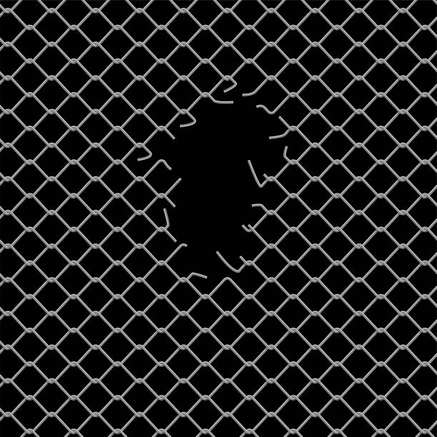 istock Hole in wire mesh of steel fence vector illustration. 3d realistic torn metal chains of net cage or construction barrier, broken boundary iron wires and chainlink of prison or metallic safety border 1452371012
