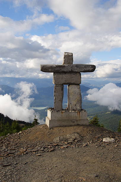 inukshuk on mountain inukshuk on Whistler Mountain, BC, Canada inukshuk whistler cairn mountain stock pictures, royalty-free photos & images