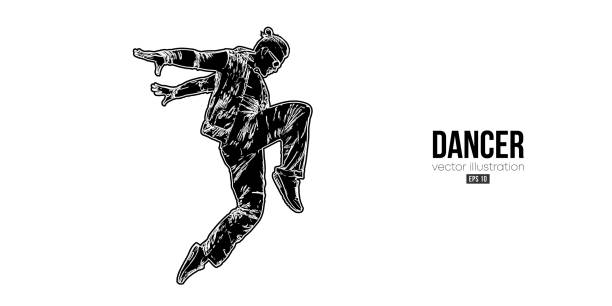 젊은 힙합 댄서의 추상적인 실루엣, 흰색 배경에 고립된 브레이크 댄스 남자. 벡터 그림 - dancing dancer hip hop jumping stock illustrations