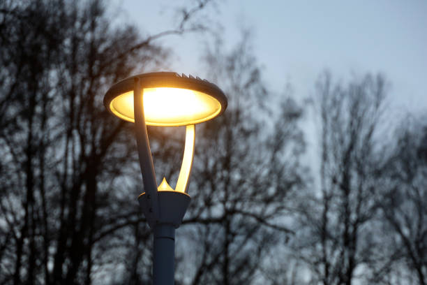 istock Glowing led lamp on background of trees in evening park 1452373270