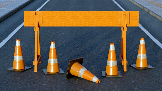 web site under construction traffic cones and orange barrier road boundary forbidden 404 error 3D illustration