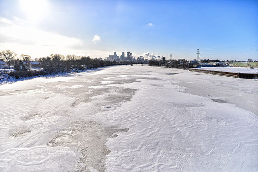 Winter Riverfront and Skyline in Minneapolis Minnesota