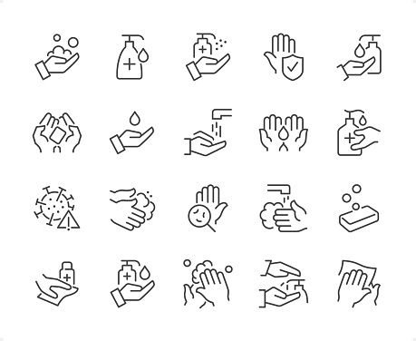 Washing Hands icons set #43

Specification: 20 icons, 64×64 pх, EDITABLE stroke weight! Current stroke 2 px.

Features: Pixel Perfect, Unicolor, Editable weight thin line.

First row of  icons contains:
Hand Soaping, Liquid disinfectant dispenser, Antiseptic Spray (Hand Sanitizer), Safety Clean hands, Liquid Soap Dispenser;

Second row contains: 
Soap in hands, Water, Faucet & Hands, Hygiene icon, Liquid Hand Sanitizer;

Third row contains: 
Virus Alert Sign, Hand Washing by Foam Soap, Bacterium Test Probe, Hands under the tap, Soap;

Fourth row contains: 
Disinfection dusting, Liquid hand sanitiser, Foam Rubbing, Hand Disinfection icon, Wipe hands with napkin. 

Check out the complete Prolinico collection — https://www.istockphoto.com/collaboration/boards/m2yevS1B7EWOAAxLZcvJhQ