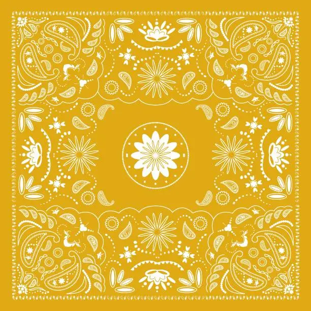 Vector illustration of yellow bandana kerchief paisley fabric patchwork abstract vector pattern
