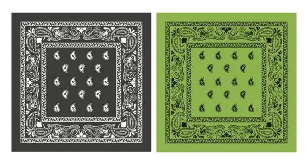 Vector illustration of grey and green bandana kerchief paisley fabric patchwork abstract vector seamless pattern