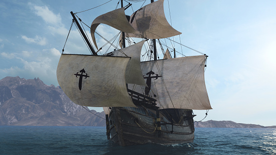 Scientific 3D reconstruction of a spanish galleon armada led by fernando magellan in the 16th century , simulated and animated ships in huge ocean bassin. This expedition sailing in front of islands into the atlantic ocean to circumnavigate the world.
