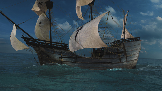 Scientific 3D reconstruction of a spanish galleon armada led by fernando magellan in the 16th century , simulated and animated ships in huge ocean bassin. This expedition sailing in front of islands into the atlantic ocean to circumnavigate the world.