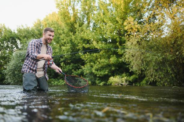 istock trout being caught in fishing net. 1452378889