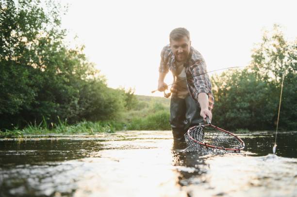 istock Fisherman catches a trout on the river in summer 1452378942