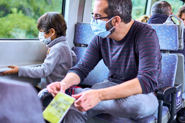 istock father and son with face mask travelling in a train and looking out the window 1452380198