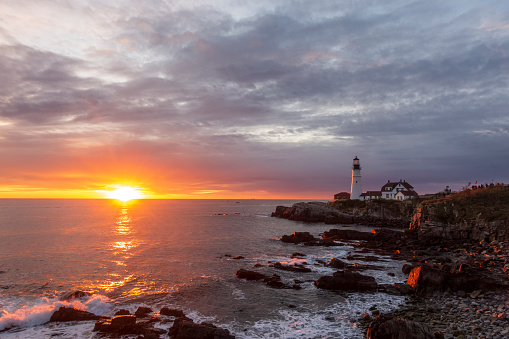 Sunrise at Portland Head Lighthouse at Fort Williams Park, Portland, Maine, USA