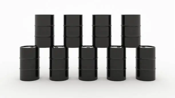 black oil drum metal barrels in row column on white background 3d render