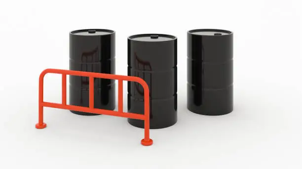 black oil drum metal barrel behind orange road barrier on white background 3d render