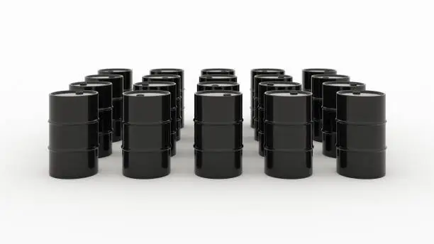 black oil drum metal barrels in rows on white background 3d render