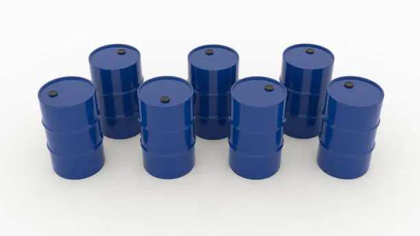 blue oil drum metal barrels in row on white background 3d render
