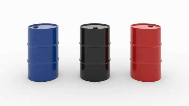 black blue red oil drum metal barrels on white background 3d render