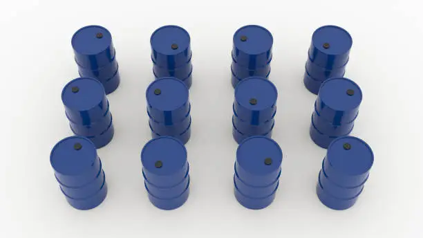 blue oil drum metal barrels in rows on white background 3d render