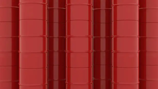 red oil drum metal barrel in row column 3d render