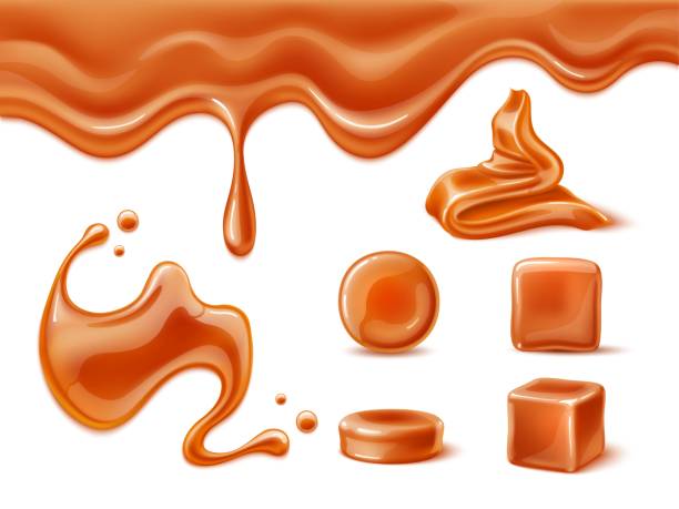 istock Realistic caramel. Sweet dessert component, milk and sugar candy base, melting liquid, fluid and pieces, 3d smudges and puddle, round candies and cubes, 3d isolated elements utter vector set 1452382002