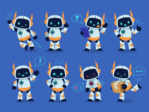 Robot mascot. Cute toy, cartoon cyborg character, different poses and actions, funny emotional android. Artificial Intelligence computer assistant. Chat bot, support service, tidy vector set Robot mascot. Cute toy, cartoon cyborg character, different poses and actions, funny emotional android. Artificial Intelligence computer assistant. Chat bot, support service center tidy vector set robot stock illustrations