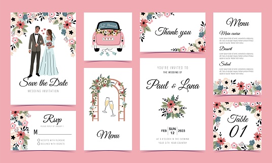 Cute wedding cards. Romantic party invitations, happy newlyweds holiday, couple in love, event banners with bride and groom, party menu template, couple in love tidy vector cartoon flat isolated set