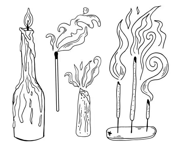 Vector illustration of Black outline burn candle in a bottle, incense sticks for home, palo santo line art illustration. Modern witchcraft vector illustration set.