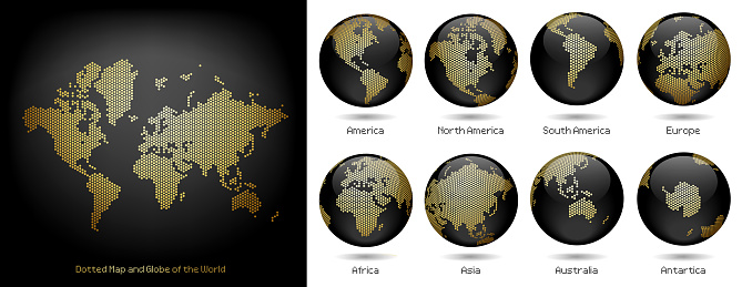 Digital Network - Dotted Gold and Black Map and Globe of the World - Continents - America Europe Asia Africa Australia - Vector eps design illustration