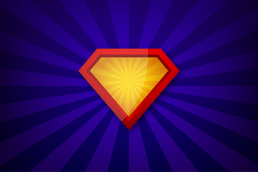 Superhero Shield on pop background. Superhero logo template. Red, yellow frame with diverging rays on a blue background. Vector illustration