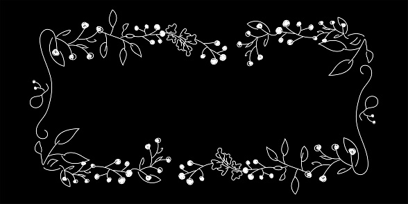 Vector. Merry Christmas and Happy New Year floral background, copy space for text. Rustic horizontal frame template for Christmas cards, wedding invitations, party invitations. Hand-drawn sketch.