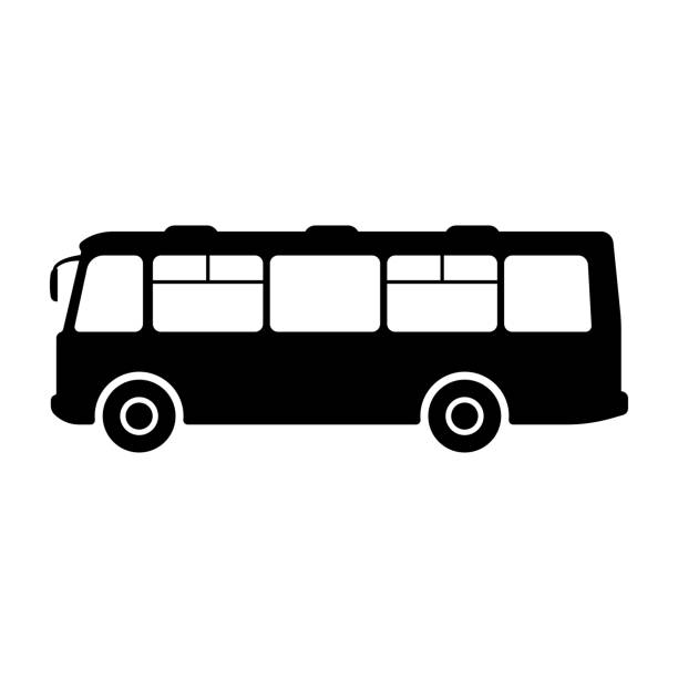 ilustraciones, imágenes clip art, dibujos animados e iconos de stock de icono de bus. silueta negra. perfil. ilustración gráfica plana simple vectorial. objeto aislado sobre fondo blanco. aislar. - bus coach bus tour bus isolated