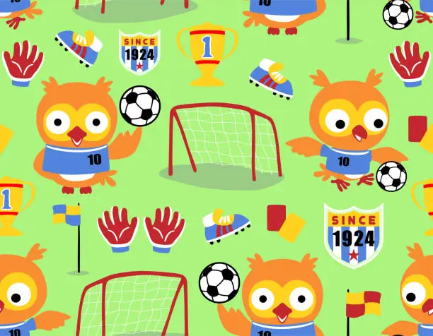 Vector illustration of Seamless pattern vector of cute owl playing soccer, soccer elements cartoon