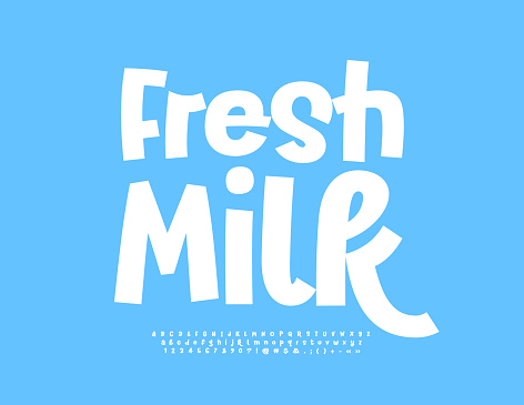 istock Vector advertising sign Fresh Milk. Funny white Alphabet Letters, Numbers and Symbols 1452397128