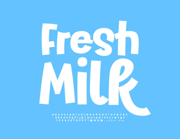 Vector advertising sign Fresh Milk. Funny white Alphabet Letters, Numbers and Symbols Trendy artistic Font playful font stock illustrations