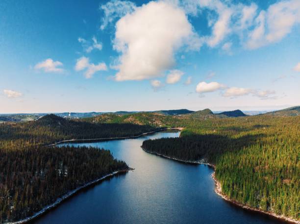 istock Lake in a green field under blue cloudy sky in Quebec, Canada 1452398497
