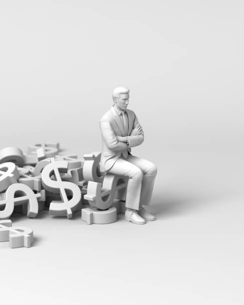 Businessman sitting on dollar sign and thinking stock photo
