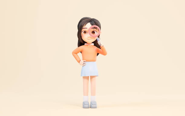 istock Little girl with magnifying glass in the hand, 3d rendering. 1452406647