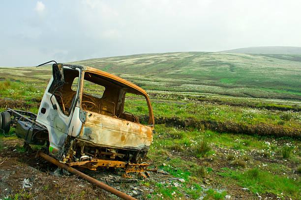 Burned-out van stock photo