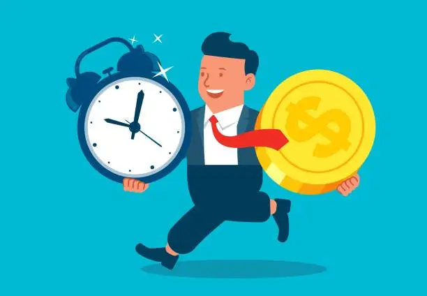 Vector illustration of Time is money, time and money investment and return on investment, tax reminders, compound interest or savings, businessmen running energetically with a clock in one hand and gold coins in the other