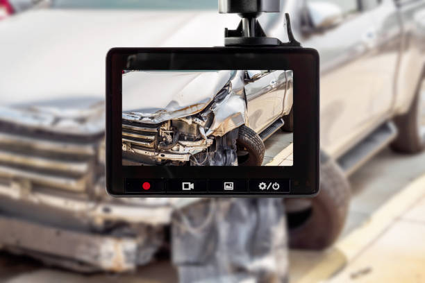 car cctv camera video recorder with car crash accident on the road - onboard camera imagens e fotografias de stock