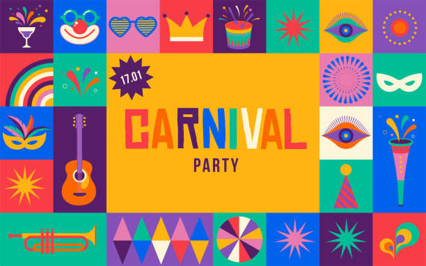 Happy Carnival, colorful geometric background with splashes, speech bubbles, masks and confetti Happy Carnival, colorful geometric background with splashes, speech bubbles, masks and confetti. Vector design music culture stock illustrations