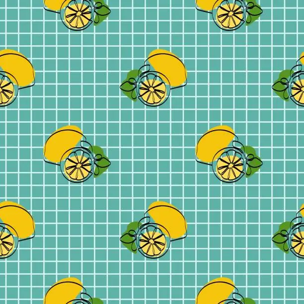 Vector illustration of Seamless pattern with lemon on blue background. Continuous one line drawing lemon. Black line art on blue background with colorful spots. Vegan concept