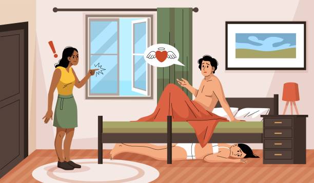Adultery couple. Husband cheats on wife with mistress, woman hides under lovers bed, cheating partner, family quarrel, distrustful relationship, tidy vector cartoon flat style concept Adultery couple. Husband cheats on wife with mistress, woman hides under lovers bed, cheating partner, family quarrel, unfaithful man, distrustful relationship, tidy vector cartoon flat style concept unusual couple stock illustrations