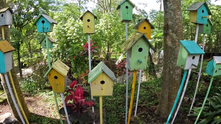 Colourful bird houses in Ciumbuleuit, Bandung City, West Java Indonesia. The birdhouses are made of wood and are wooden boxes on a wooden post.