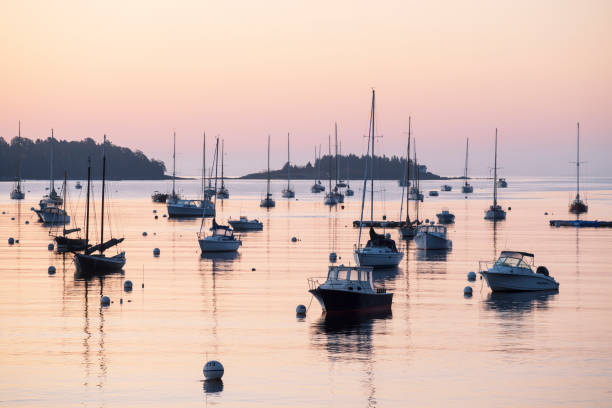 Rockport, USA - October 14, 2021. Rockport Harbor at dawn, Maine, USA