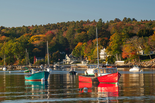 Rockport, USA - October 14, 2021. Rockport Harbor at Sunrise, Maine, USA