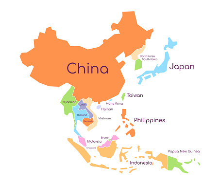 Vector illustration of the map of Asian countries with names.