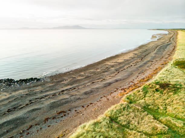 vista aerea della spiaggia del villaggio di allonby nel distretto di allerdale in cumbria, regno unito - scenics coastline uk moss foto e immagini stock