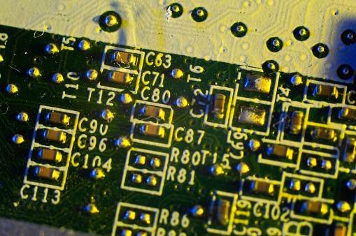 Electronic circuit board close up in macro photography